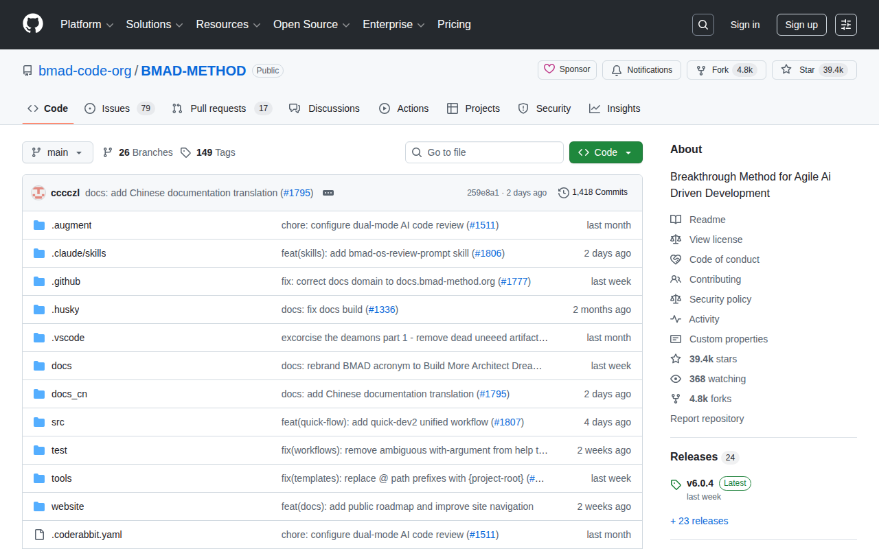 BMAD Method GitHub Repository – 39.4k Stars, 4.8k Forks
